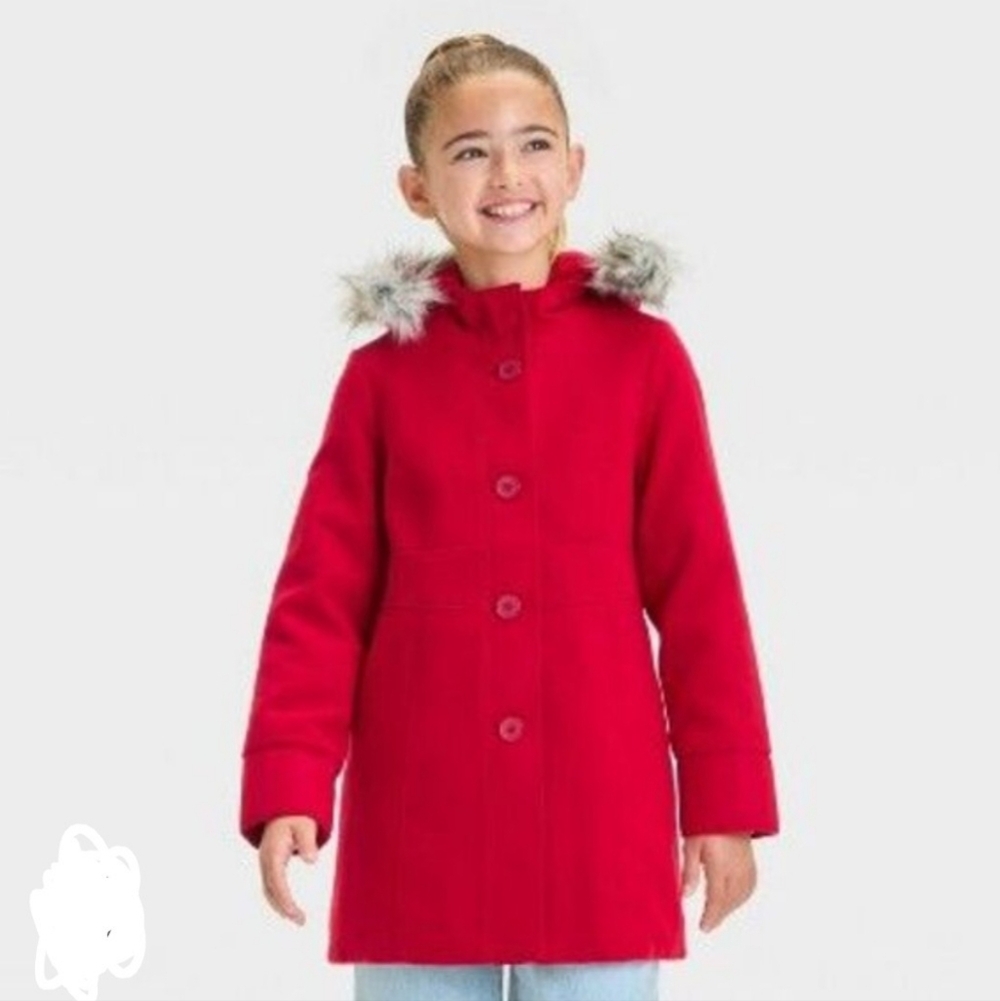 Cat & Jack Red Pea Coat with Faux Fur Hood